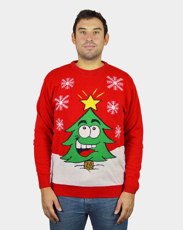 Christmas Sweater for Family Red with Smiling Christmas Tree