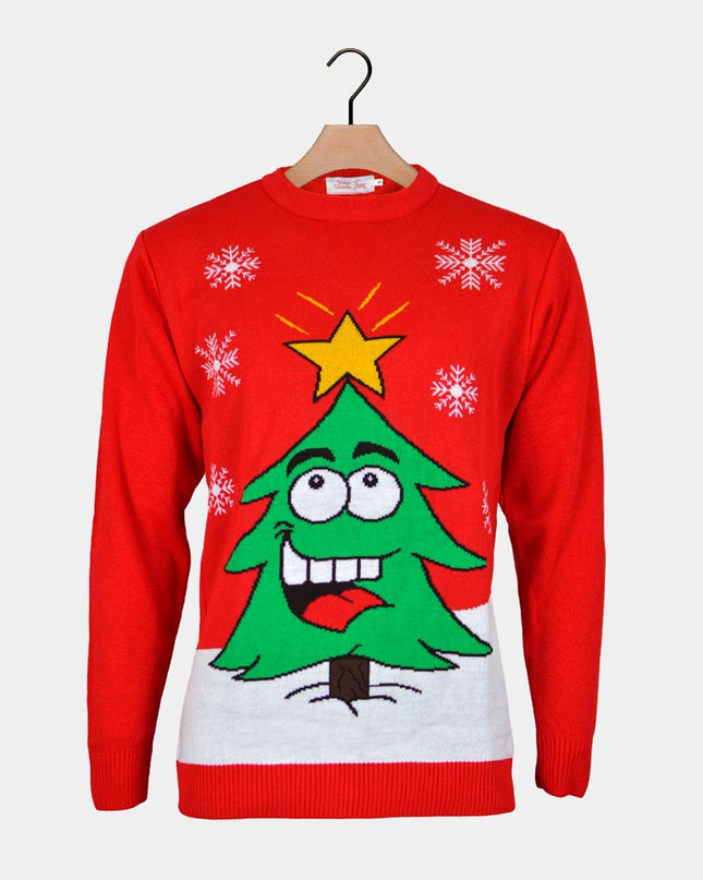 Red Christmas Sweater for Men with Smiling Tree
