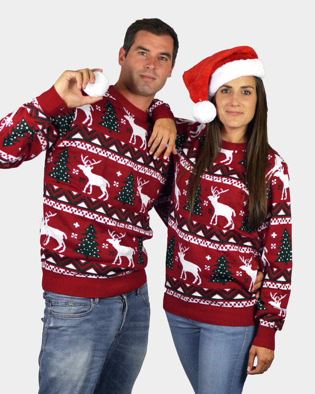 Red Christmas Sweater for Family with Trees and Reindeer