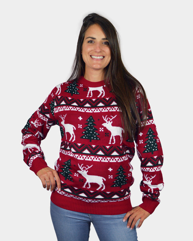 Red Family Christmas Sweater with Trees and Reindeer