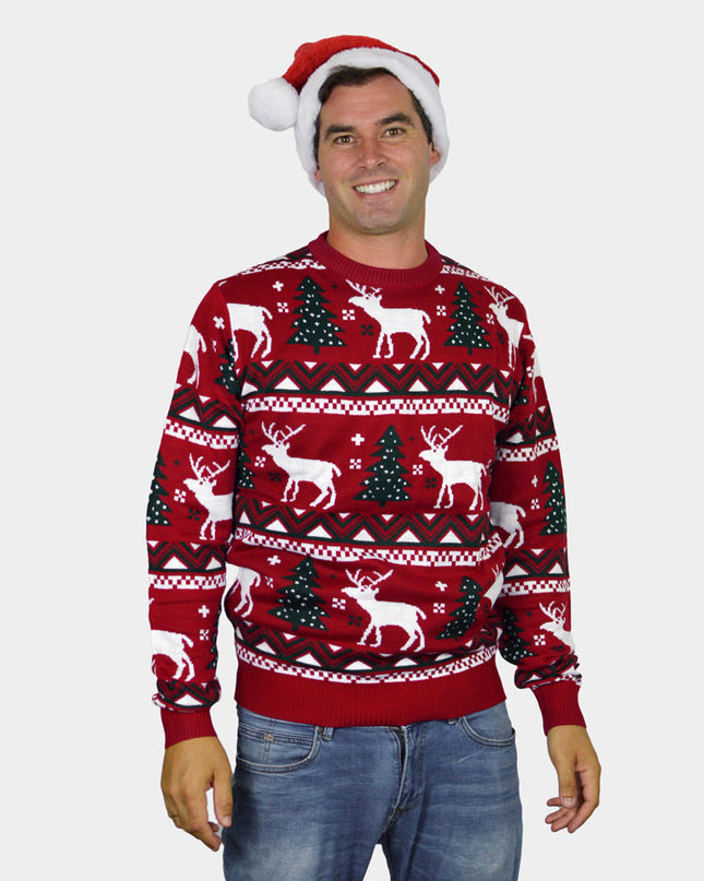 Red Family Christmas Sweater with Trees and Reindeer