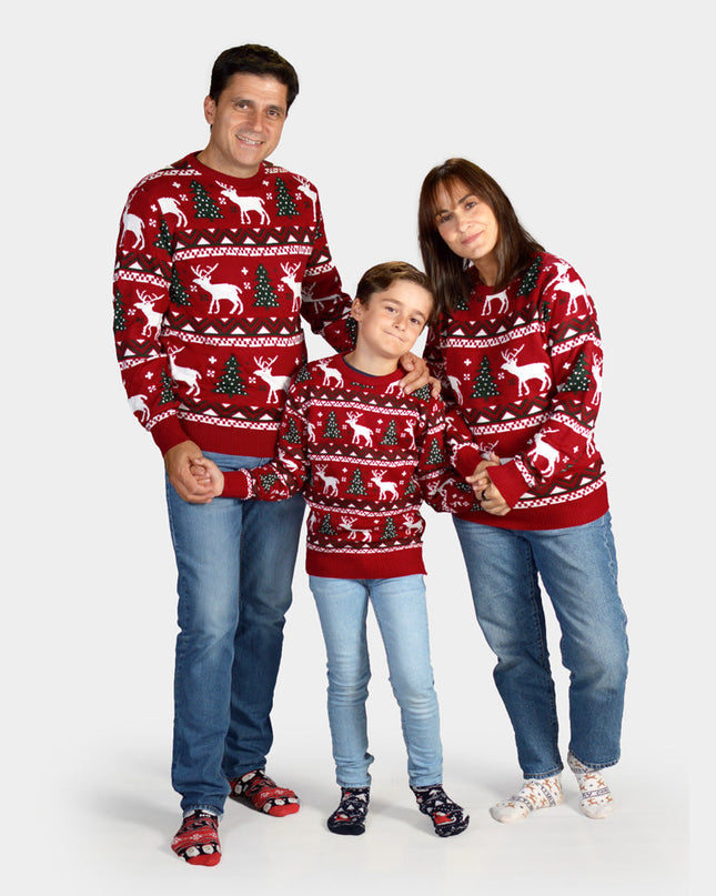 Red Christmas Sweater for Family with Trees and Reindeer