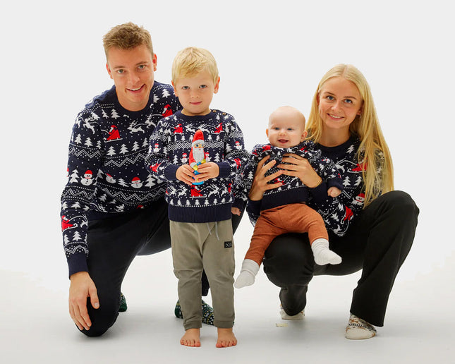 Organic Cotton Blue Christmas Sweater for Family with Trees