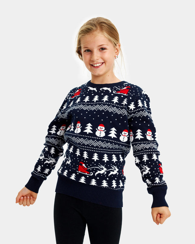 Family Christmas Sweater Blue with Trees, Snowmen, and Santa