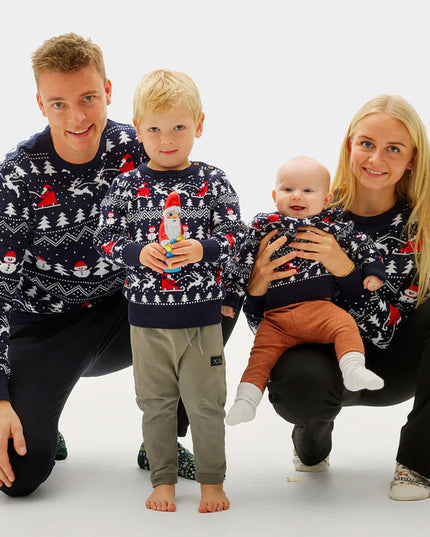 Blue Christmas Sweater for Family with Trees and Snowmen