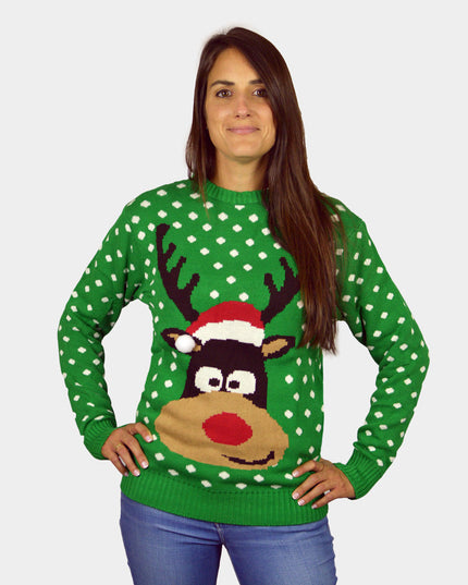 Family Christmas Sweater Green with 3D Reindeer Hat