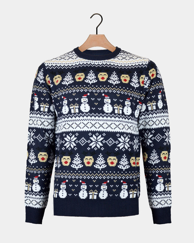 Women's Blue Christmas Sweater with Snowmen and Trees