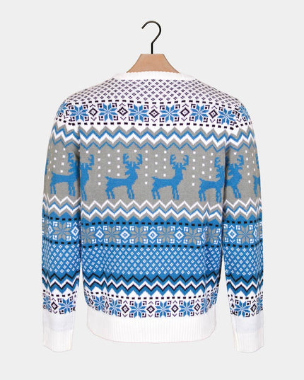 Women's Chic White, Grey, and Blue Christmas Sweater with Reindeer