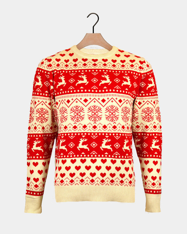 Women's Organic Cotton Christmas Sweater with Red Hearts and Beige