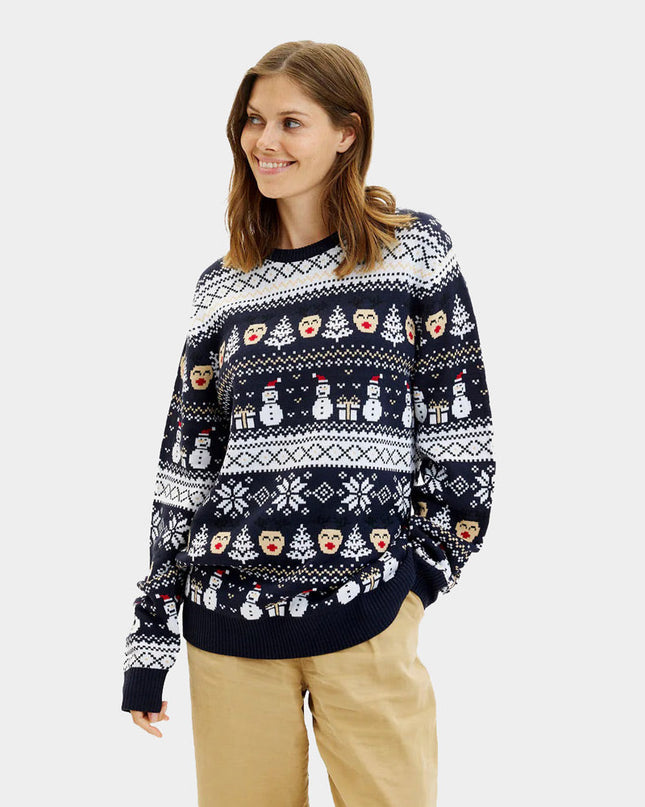 Men's Blue Sweater with Snowmen and Trees