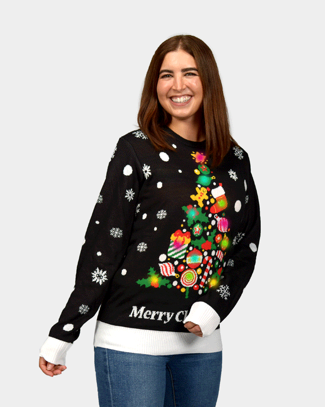 Women's Black LED Christmas Sweater with Tree