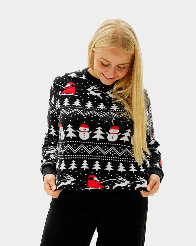 Women's Black Christmas Sweater with Trees and Snowmen