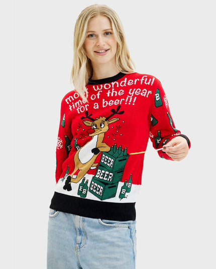Women's Beer-Opening Reindeer Christmas Sweater