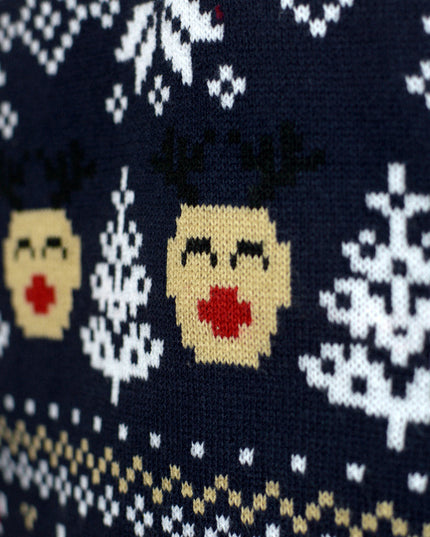 Women's Blue Christmas Sweater with Snowmen and Trees