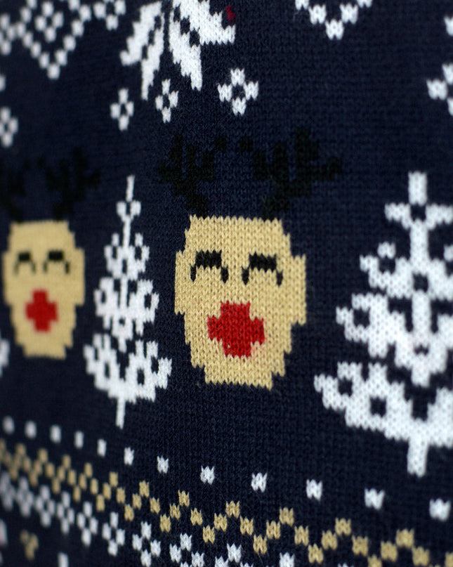 Women's Blue Christmas Sweater with Snowmen and Trees