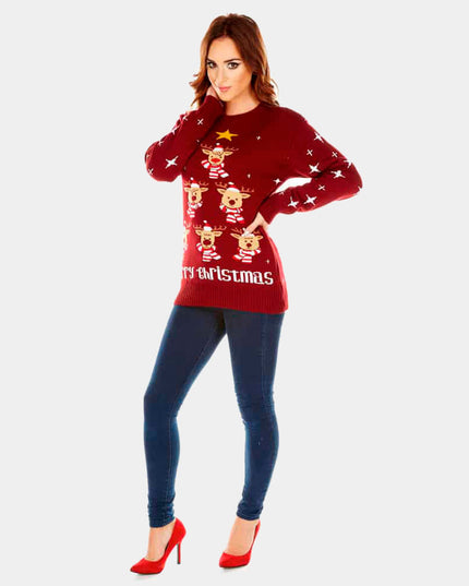 Women's Garnet Christmas Sweater with Reindeer, Trees, and Stars