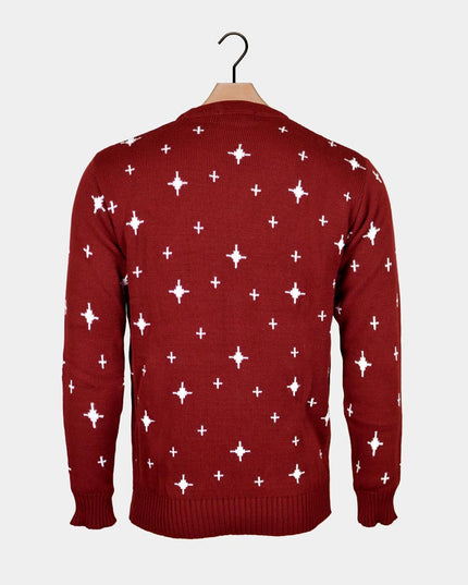 Women's Garnet Christmas Sweater with Reindeer, Trees, and Stars