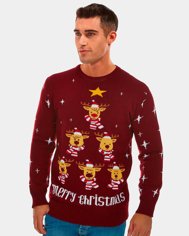Christmas Sweater for Men Burgundy with Reindeer, Christmas Tree, and Stars