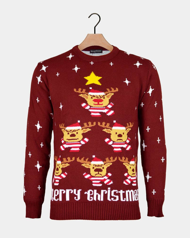Women's Garnet Christmas Sweater with Reindeer and Stars