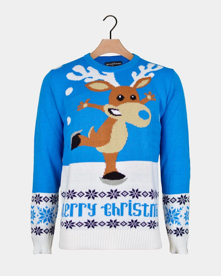 Christmas Sweater for Men Sky Blue with Skating Reindeer