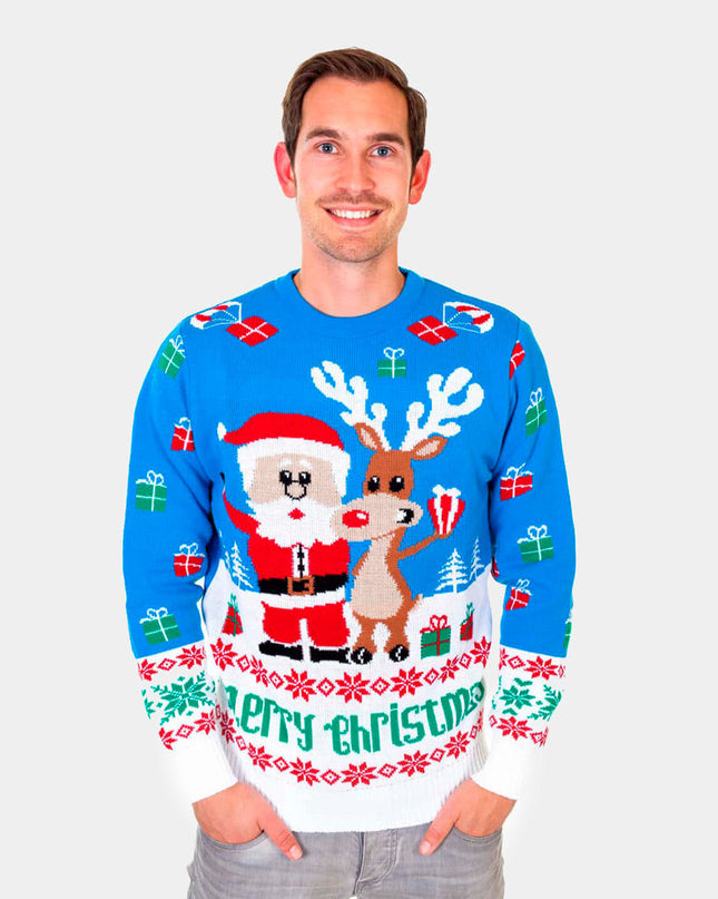 Sky Blue Christmas Sweater for Men with Rudolph and Santa