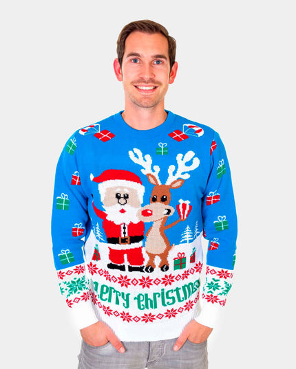 Christmas Sweater for Men Sky Blue with Rudolph and Santa Claus