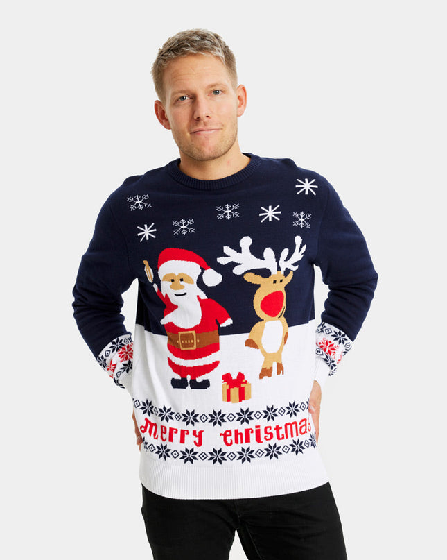 Organic Cotton Blue Christmas Sweater with Santa and Rudolph