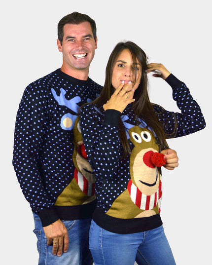 3D Blue Christmas Sweater for Men with Reindeer