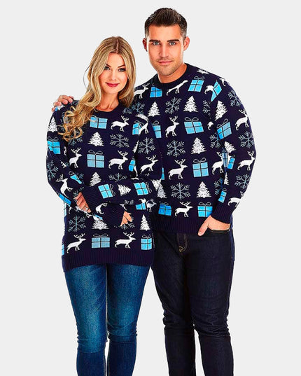 Christmas Sweater for Men Blue with Reindeer, Gifts, and Christmas Trees