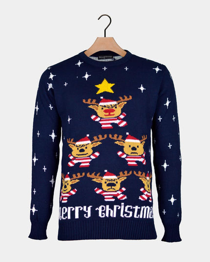 Blue Christmas Sweater for Men with Reindeer and Tree