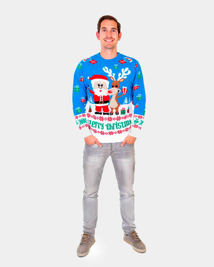 Sky Blue Christmas Sweater for Men with Rudolph and Santa
