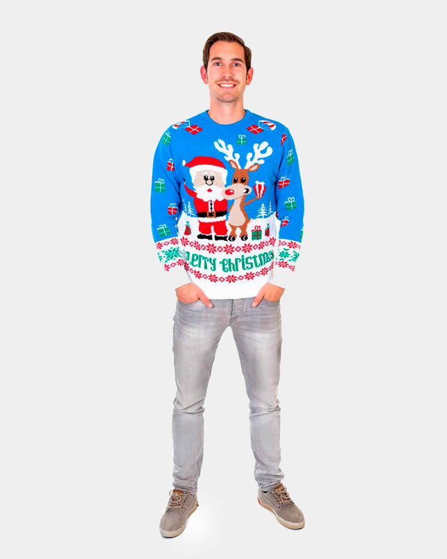 Sky Blue Christmas Sweater for Men with Rudolph and Santa