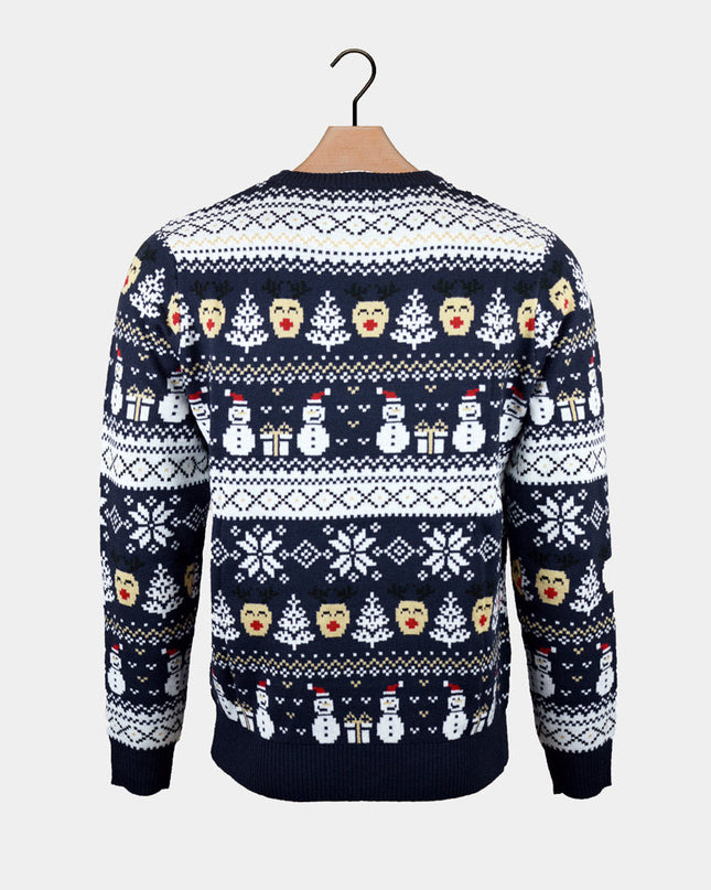 Men's Blue Sweater with Snowmen and Trees