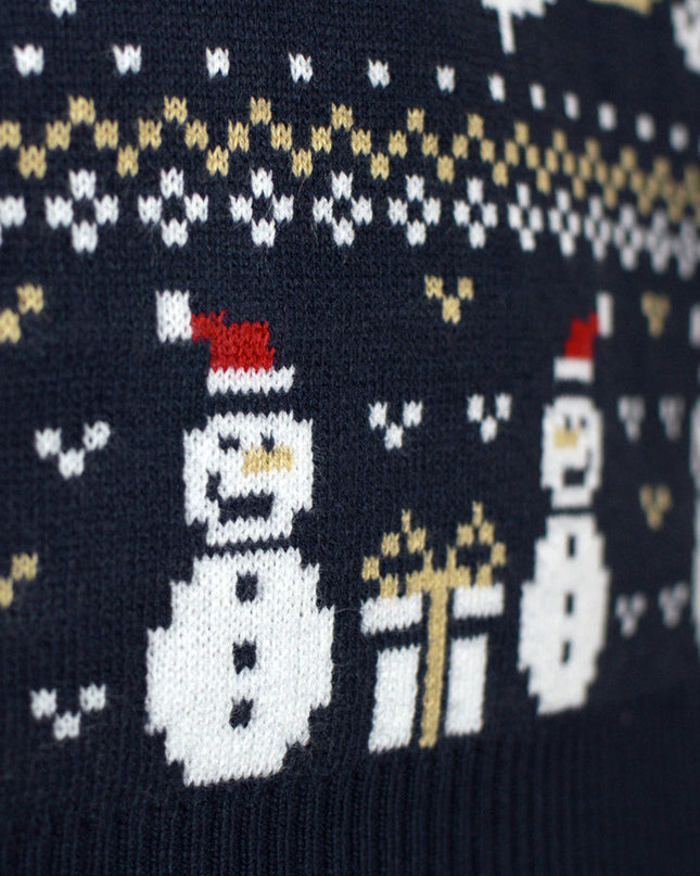 Men's Blue Sweater with Snowmen and Trees