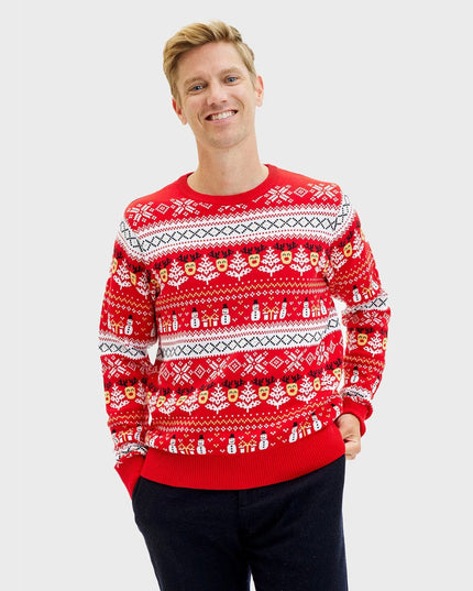 Organic Cotton Red Christmas Sweater for Men with Snowmen
