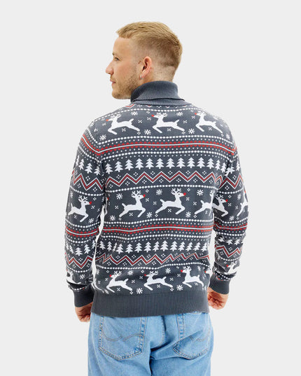 Gray Turtleneck Christmas Sweater for Couples with Reindeer