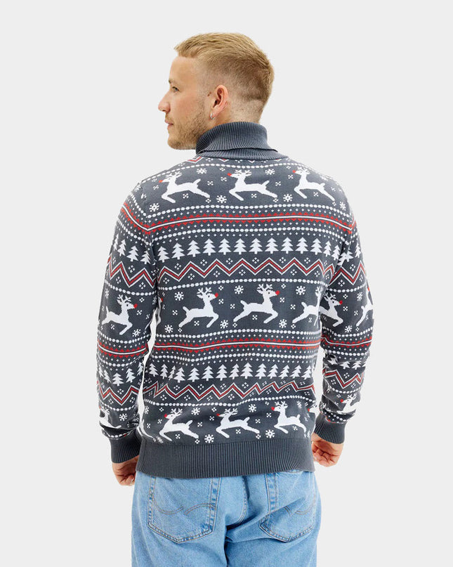 Gray Turtleneck Christmas Sweater for Couples with Reindeer