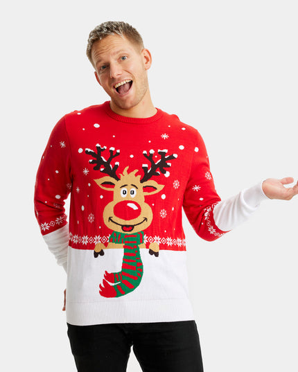 Organic Cotton Couple Christmas Sweater with Reindeer and Scarf