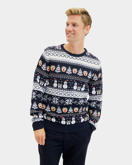Women's Blue Christmas Sweater with Snowmen and Trees