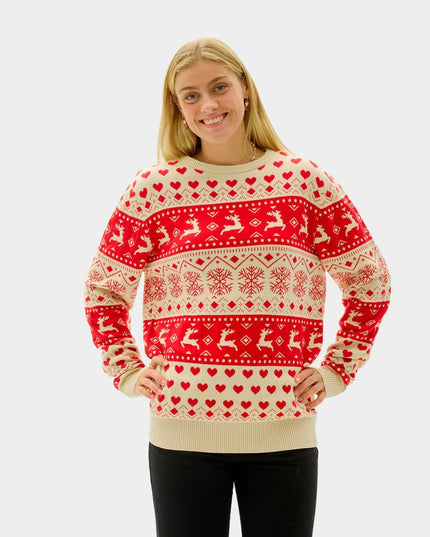 Men's Organic Cotton Christmas Sweater with Red Hearts on Beige