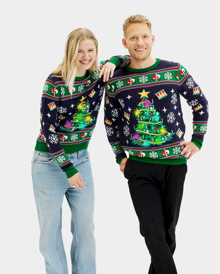 Men's LED Blue Christmas Sweater with Christmas Tree
