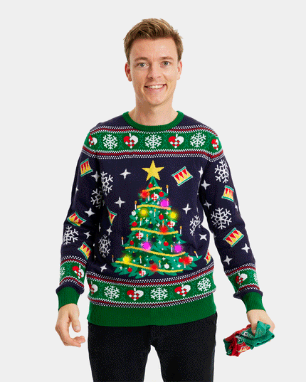 Men's LED Blue Christmas Sweater with Christmas Tree