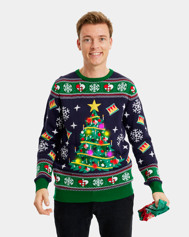 Men's LED Blue Christmas Sweater with Christmas Tree