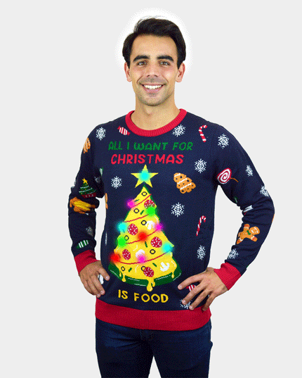 Luminous LED Christmas Sweater for Men Featuring Christmas Food