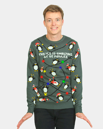 LED Gray Christmas Sweater for Men with Penguins