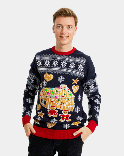 Christmas Sweater for Men Light-Up LED Gingerbread House