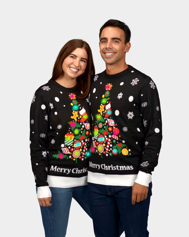 Men's LED Black Christmas Sweater with Tree