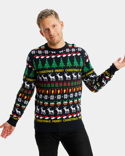 Black Christmas Sweater for Men with Trees and Gifts