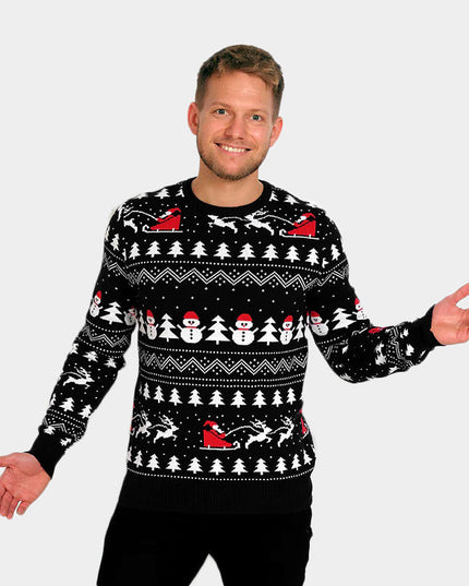 Men's Black Christmas Sweater with Trees and Snowmen