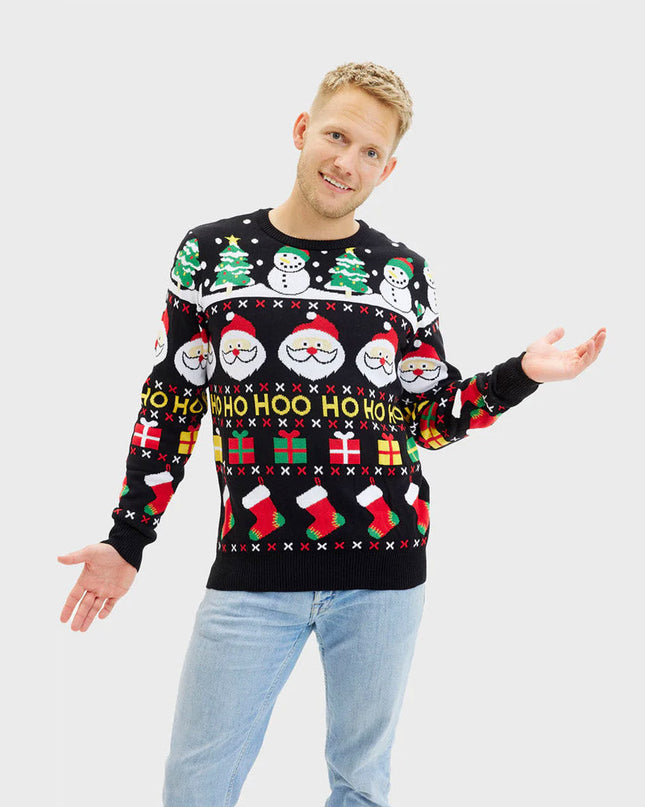 Men's Organic Cotton Christmas Sweater with Santa, Gifts, and Snowmen